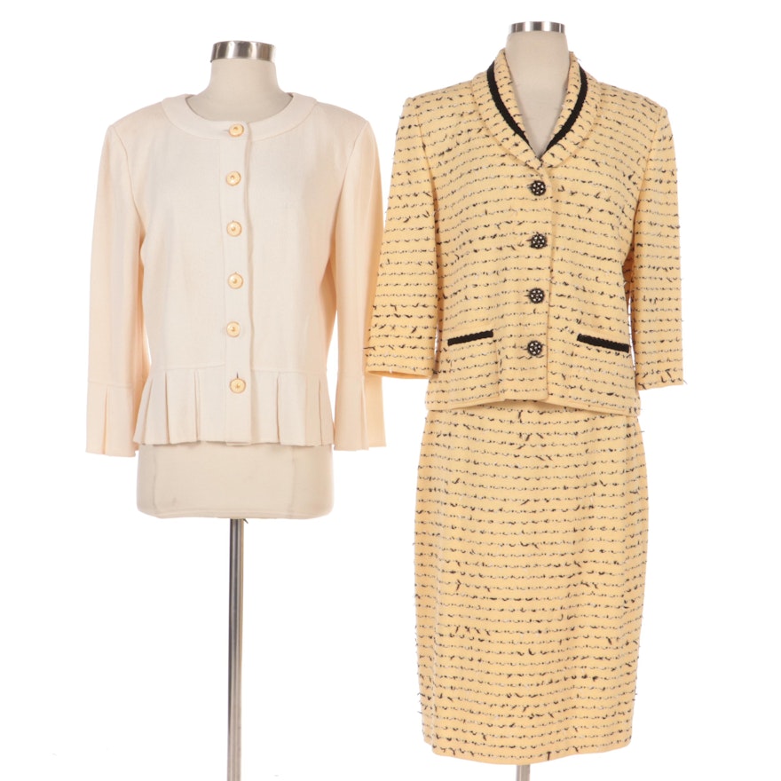 St. John Collection Knit Yellow and Black Skirt Suit and Off-White Jacket