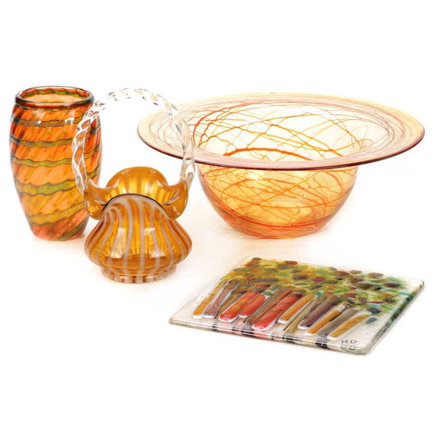 Fenton Ruffled Edge Basket and Other Blown Glass Table Accessories