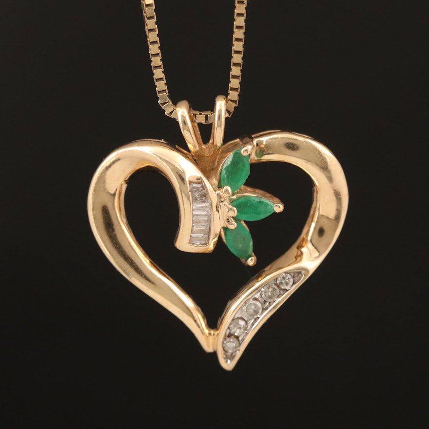 10K Emerald and Diamond Heart Pendant on 14K Box Chain
