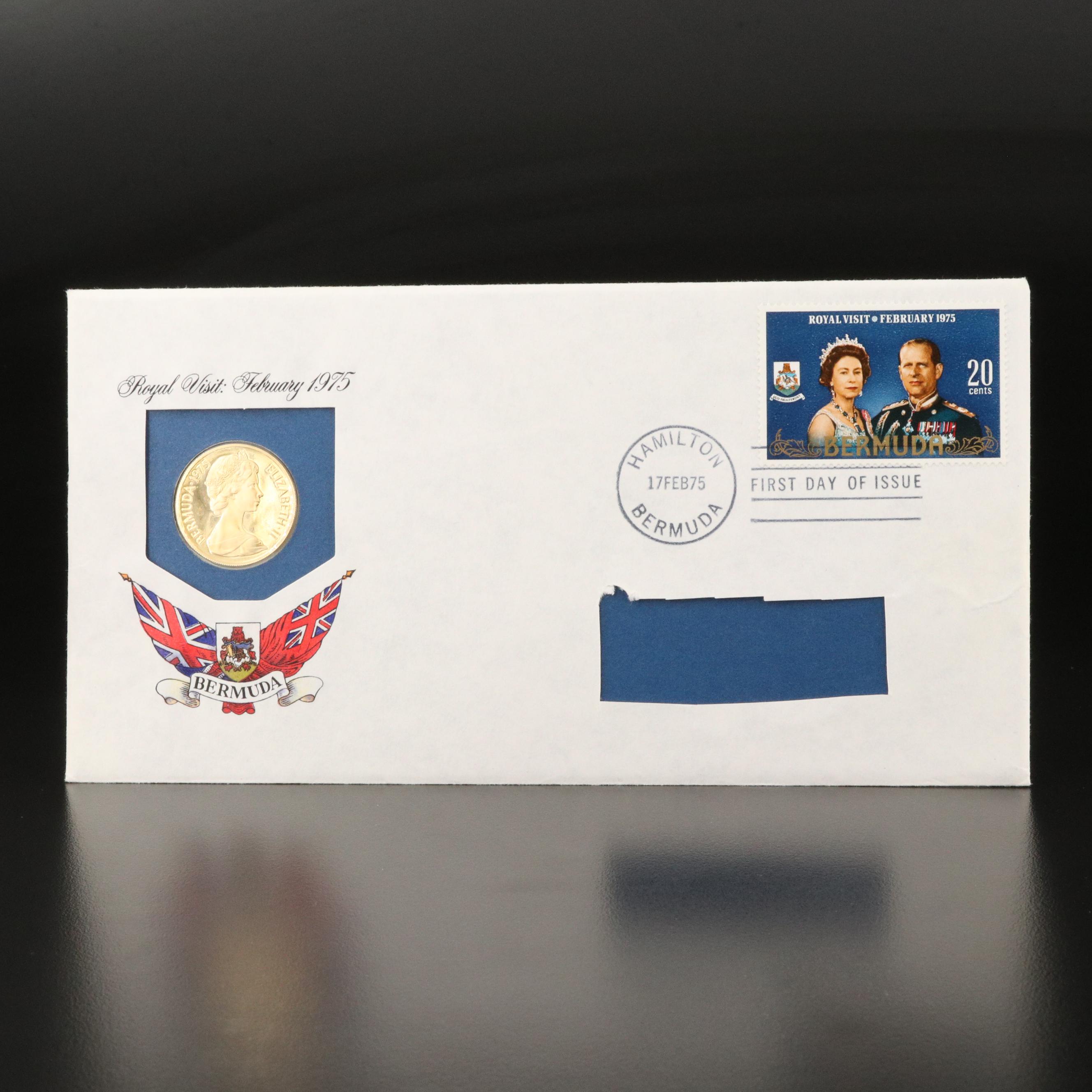 1975 Bermuda $100 "Royal Visit" Gold Coin and Stamp Set