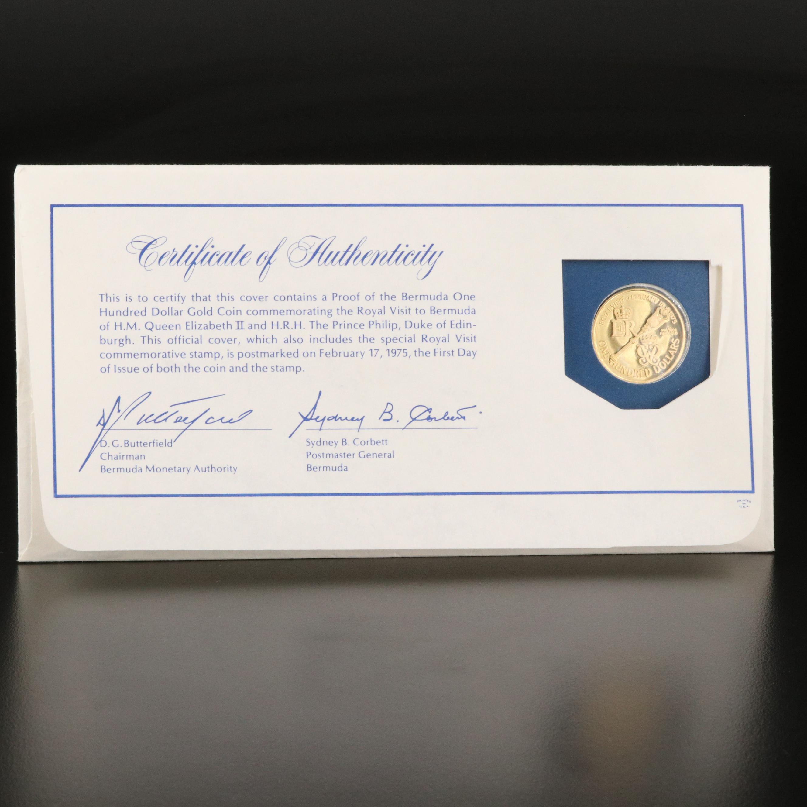 1975 Bermuda $100 "Royal Visit" Gold Coin and Stamp Set