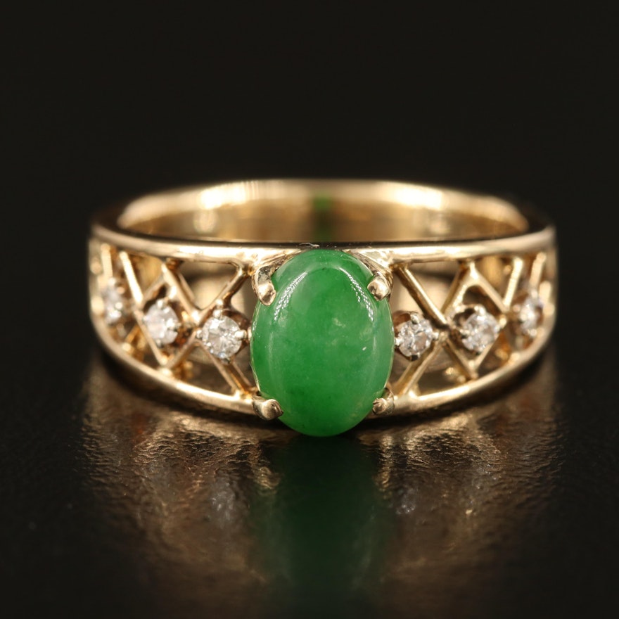 14K Jadeite and Diamond Ring with Openwork Shoulders