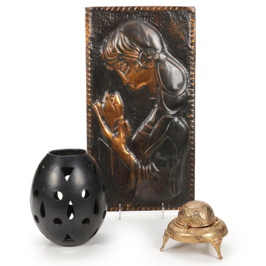 Mexican Black Clay Lantern, Copper Relief Plaque, and Domed Ashtray