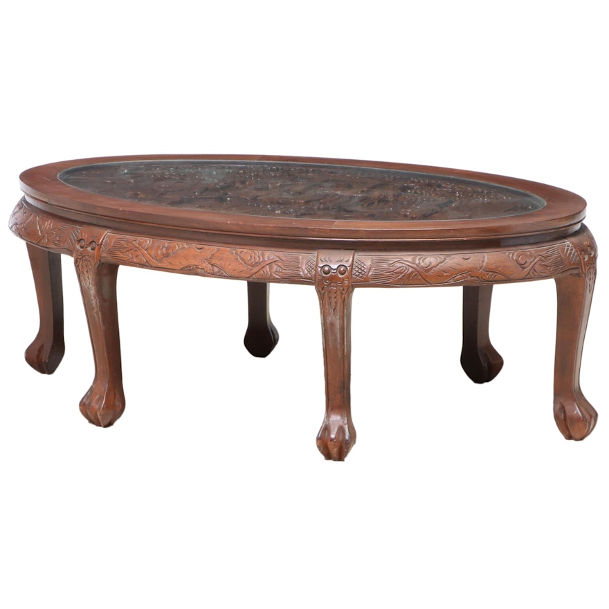 Chinese Carved Hardwood and Glass Top Coffee Table