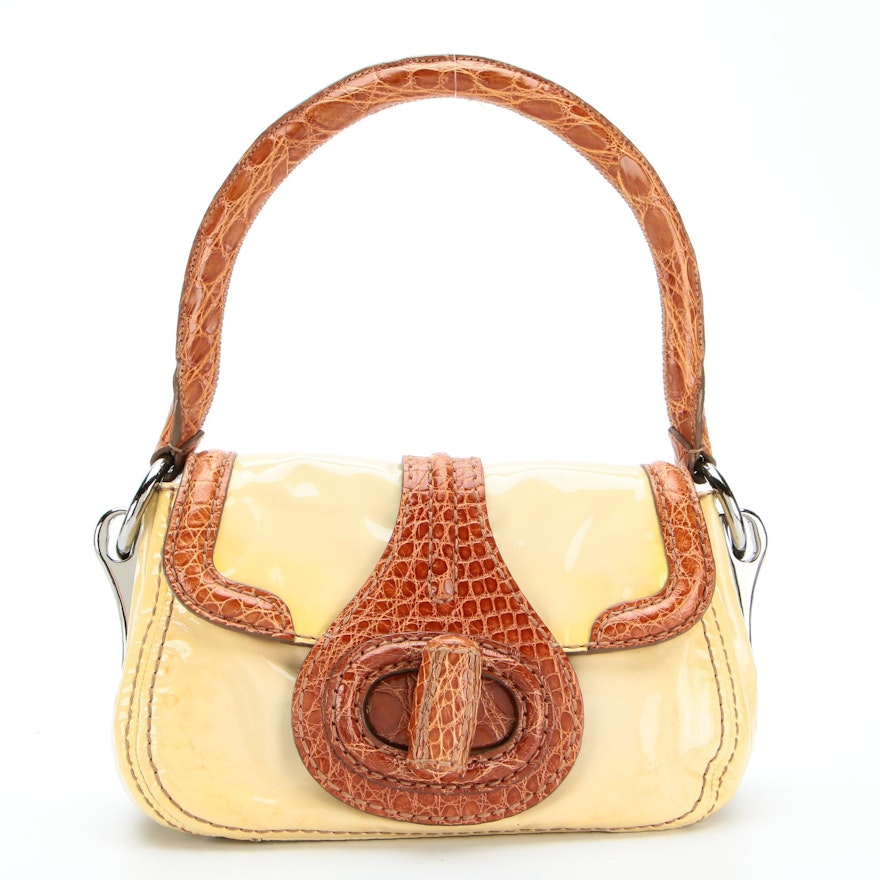 Prada Shoulder Bag BR4594 in Patent Leather with Alligator Skin Trim