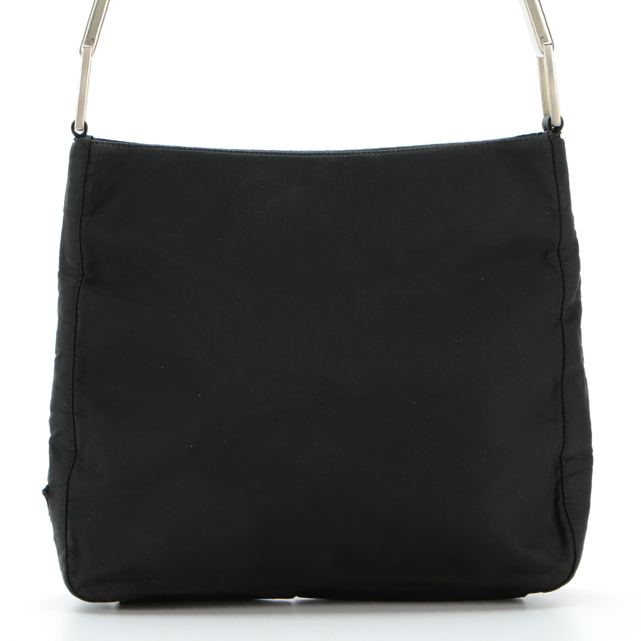 Prada Shoulder Bag in Black Tessuto Nylon with Silver-Tone Handle