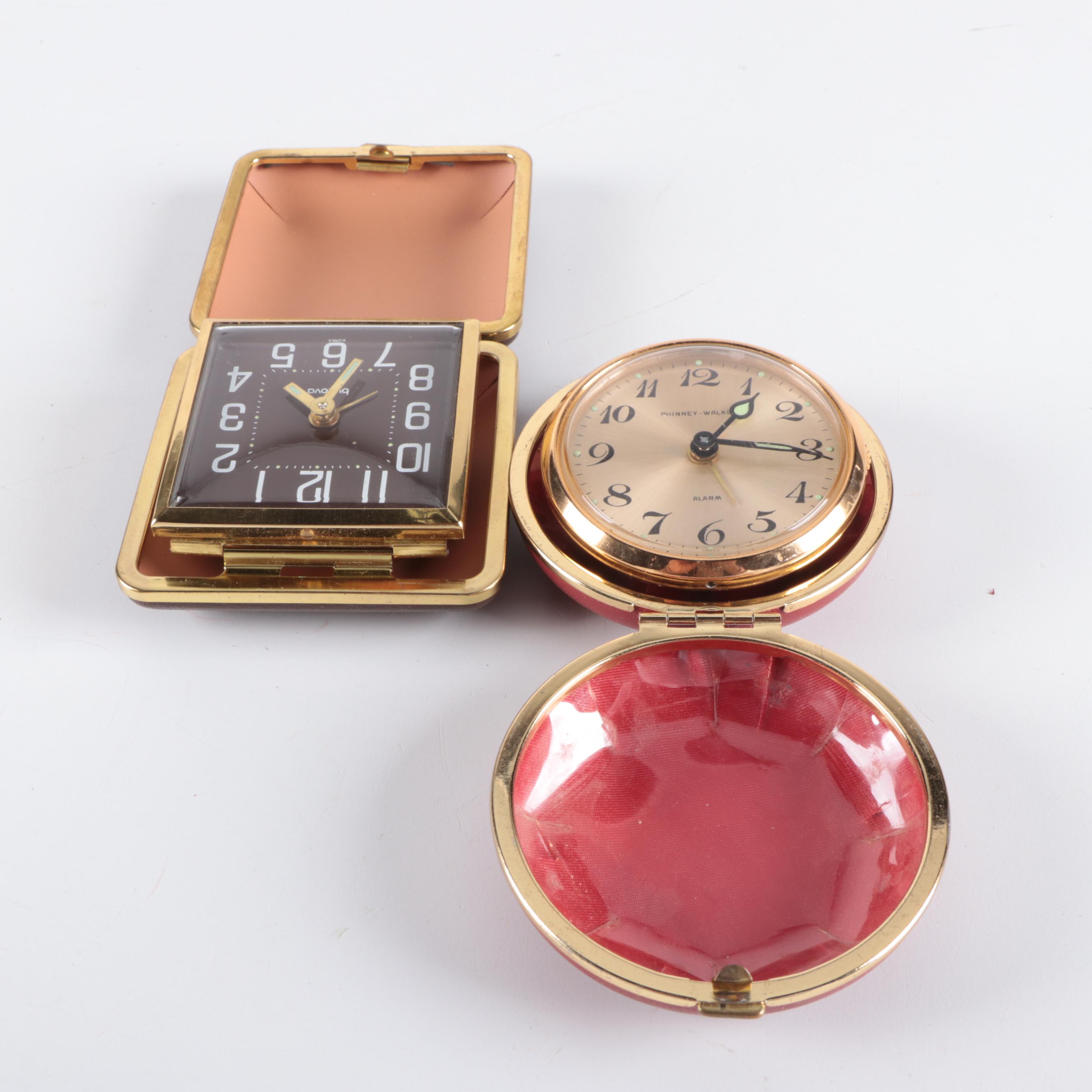 Bulova and Phinney-Walker Folding Travel Alarm Clocks with Other Clocks