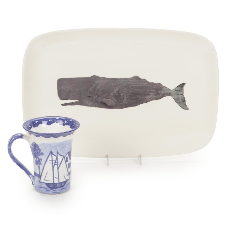 Creative Co-Op Avery Tillmon Whale Serving Platter and Salt Boat Mug