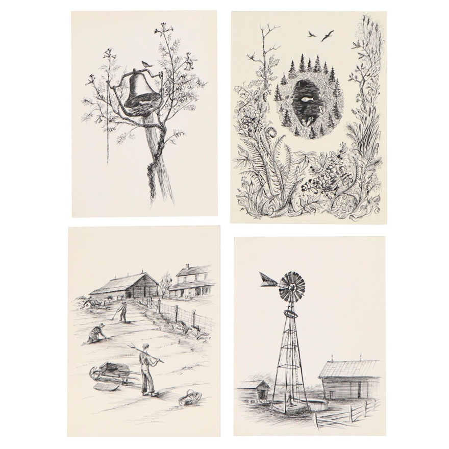 John Imhoff Ink Drawings of Farm Scenes and Landscapes, Mid-20th Century