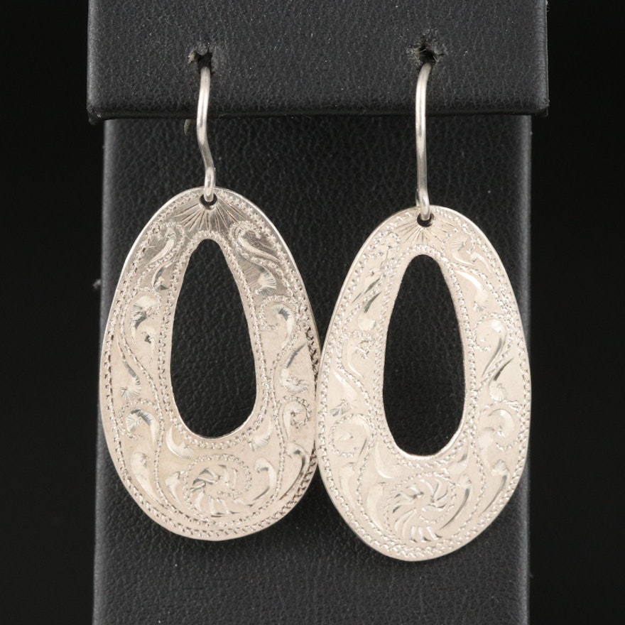 M.L. Sisson Engraved Sterling Drop Hoop Earrings