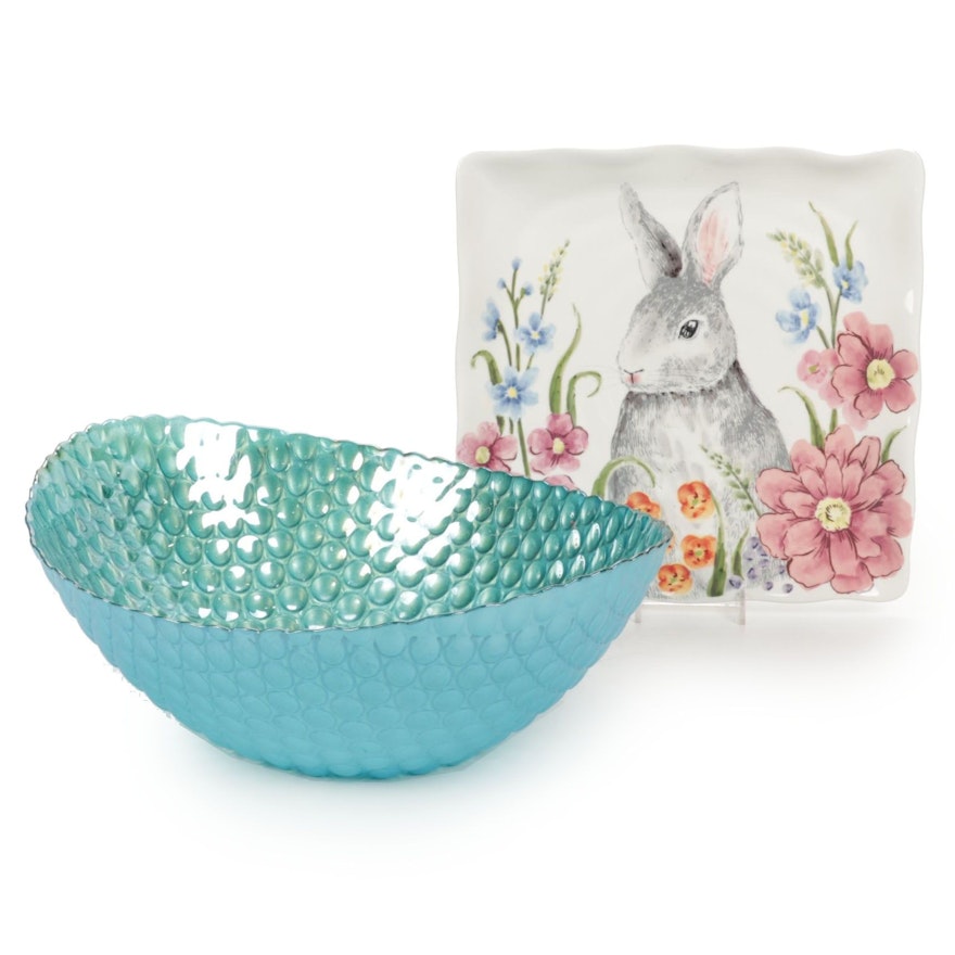 Ceramic "Bunny Selfie" Serving Tray With Blue Bubble Glass Serving Bowl