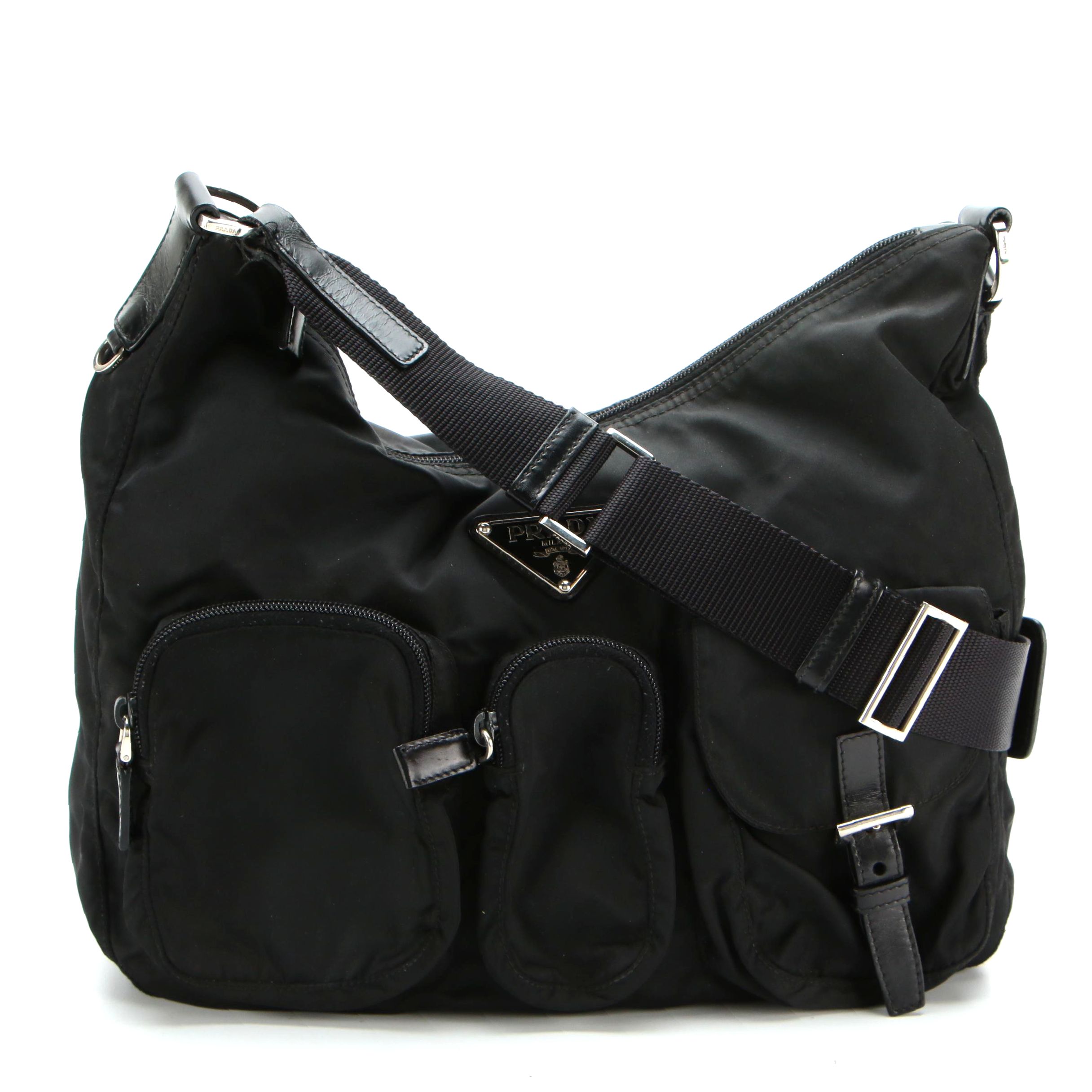 Prada Hobo Shoulder Bag in Black Tessuto Nylon with Leather Trim