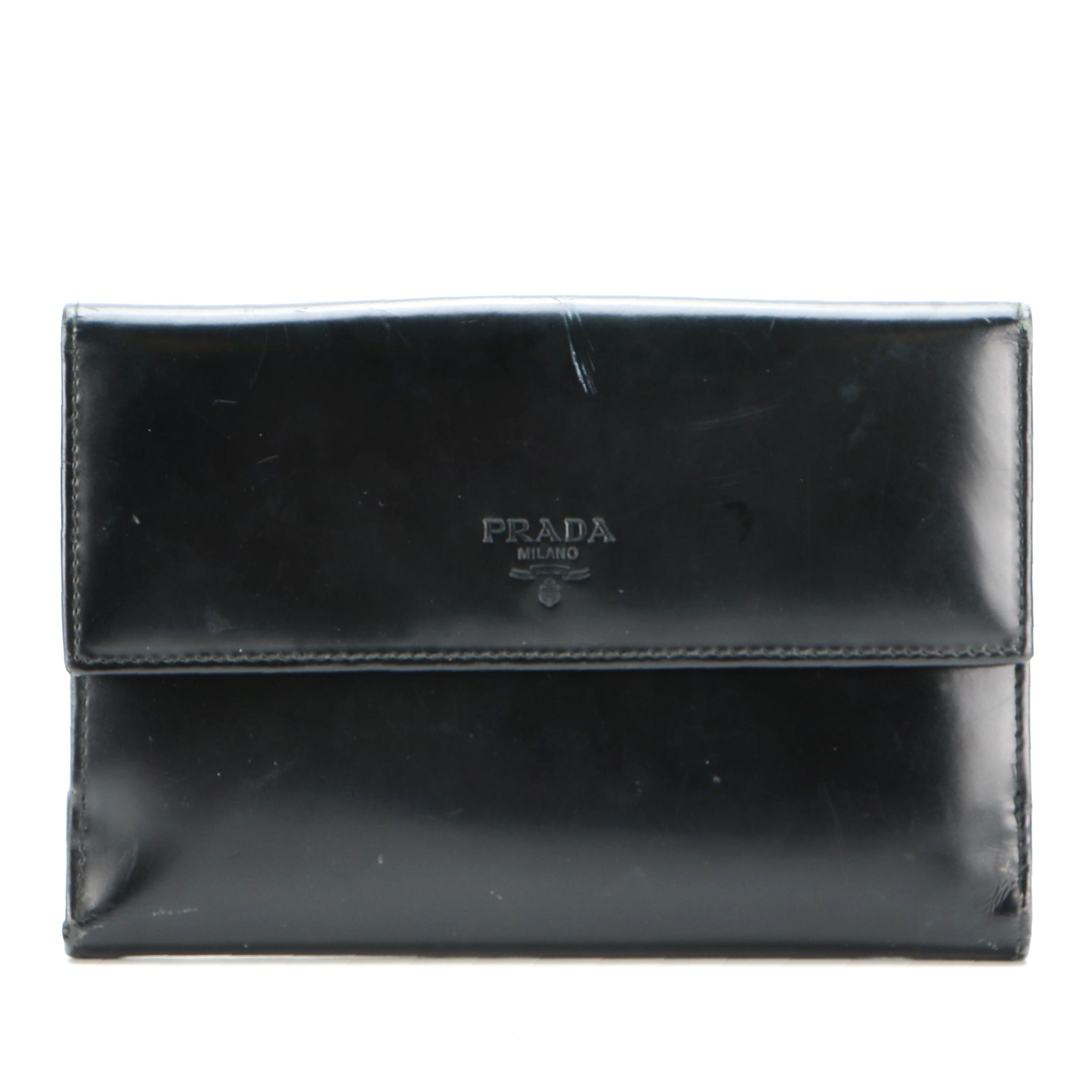 Prada Small Continental Wallet in Black Glazed Leather