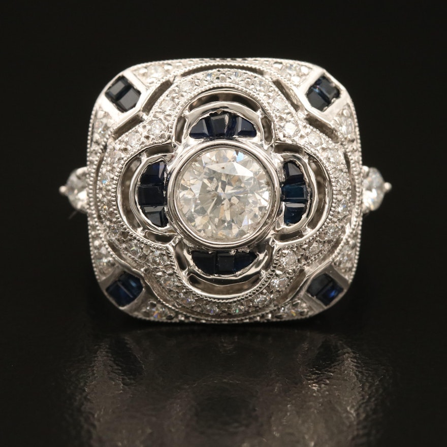Platinum 1.57 CTW Diamond and Sapphire Quatrefoil Openwork Ring