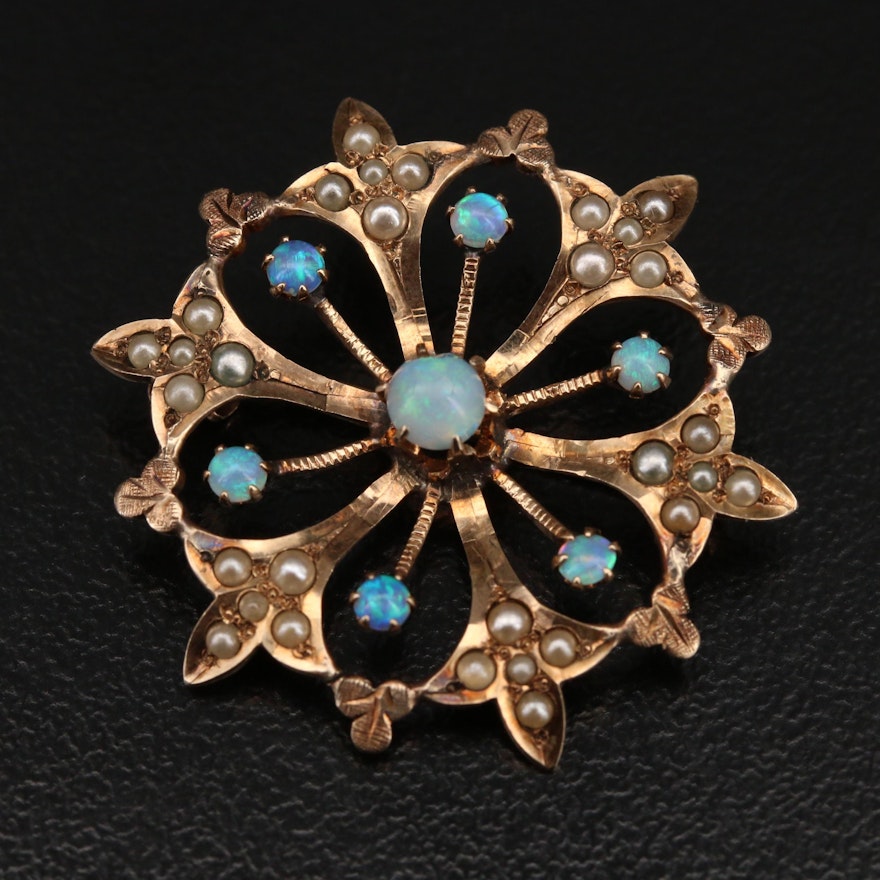 Victorian 10K Opal and Imitation Pearl Brooch