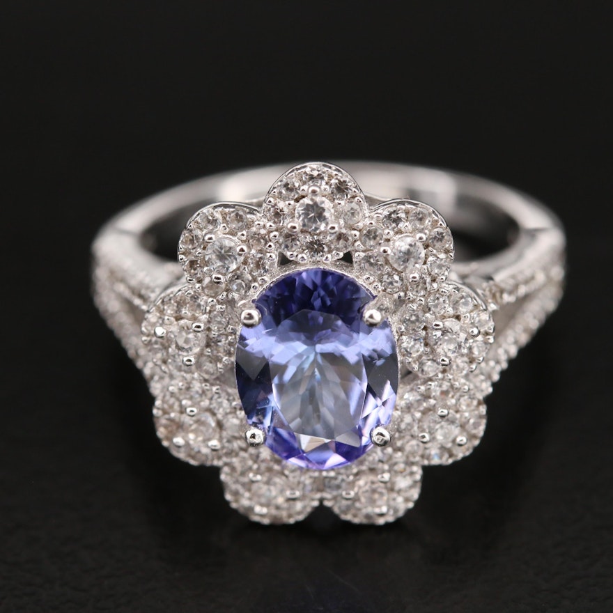 Sterling Tanzanite and Zircon Ring with Scalloped Edge