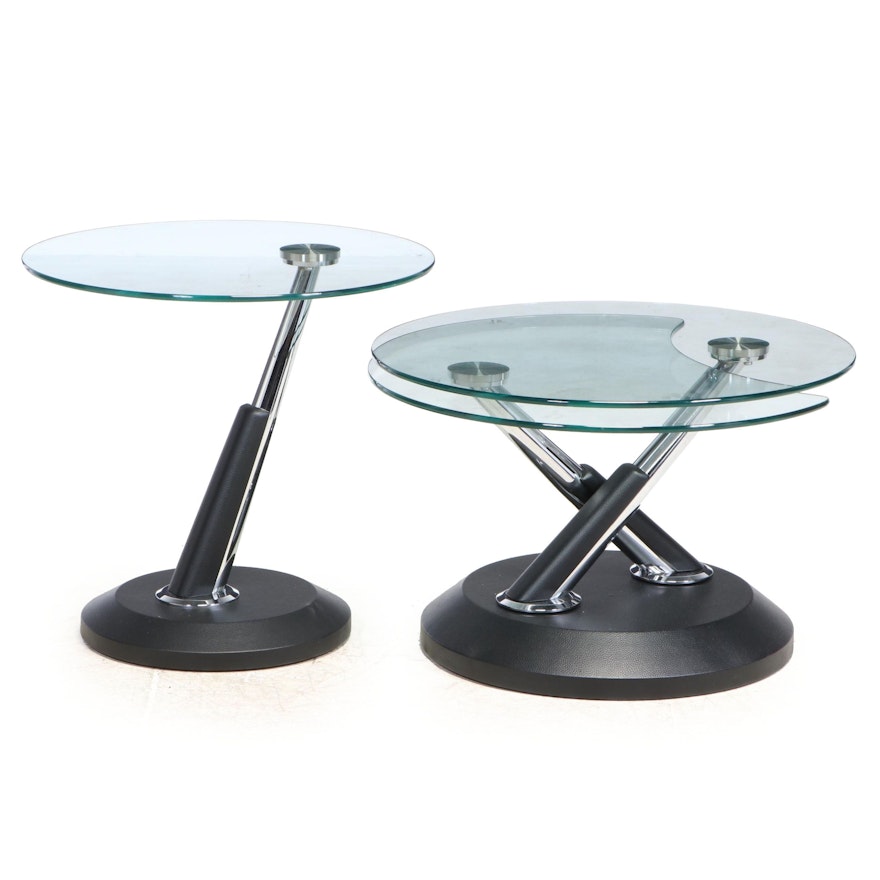 Two Modernist Style Chrome, Faux-Leather, and Glass Top Occasional Tables