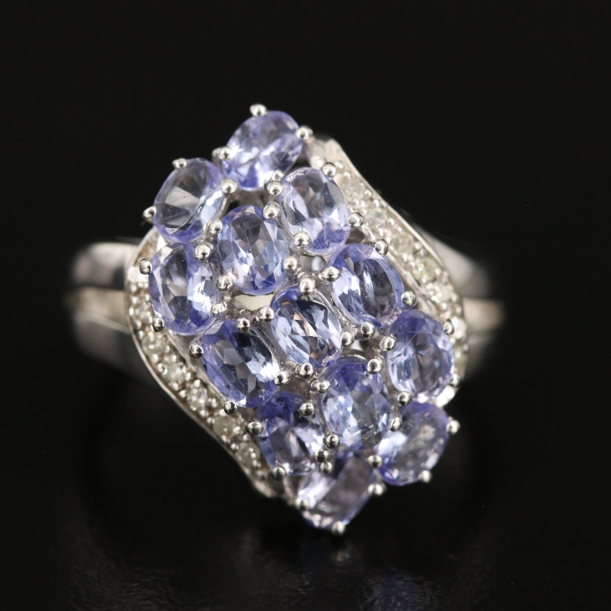 Sterling Tanzanite and Diamond Cluster Ring