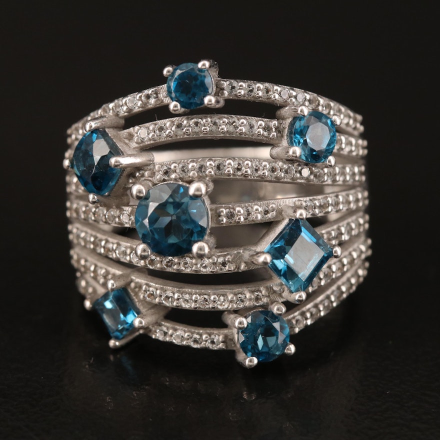 Sterling London Blue and White Topaz Multi-Row Ring