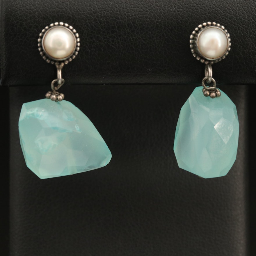 Sterling Chalcedony and Pearl Drop Earrings