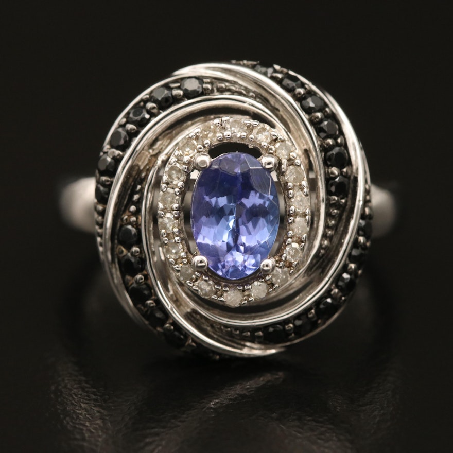 Sterling Tanzanite, Diamond and Spinel Spiral Ring