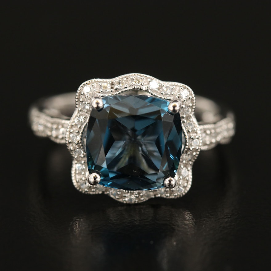 Sterling London Blue Topaz and Sapphire Halo Ring with Milgrain Detail