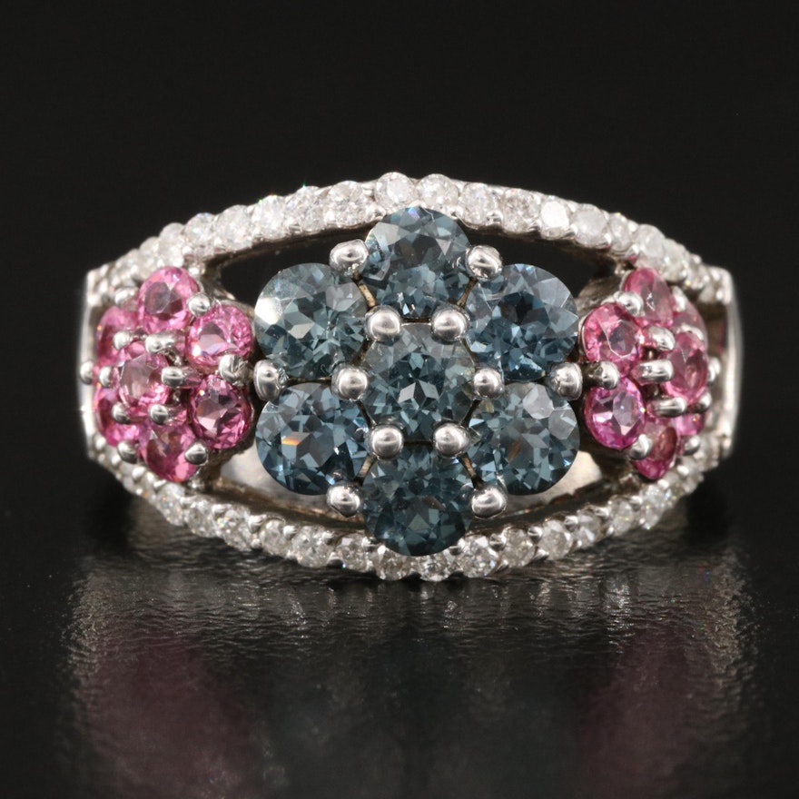 Sterling Spinel, Pink Sapphire and Diamond Openwork Floral Ring