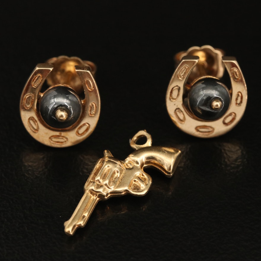 14K Horseshoe Hematite Earrings and 10K Pistol Charm