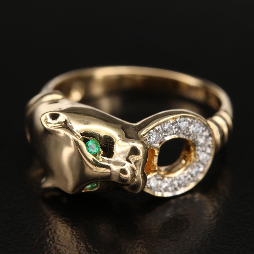 18K Emerald and Diamond Feline Door Knocker Ring