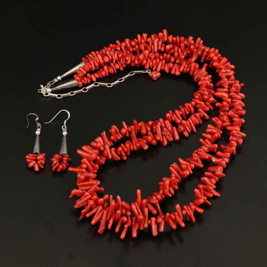 Sterling Multi-Strand Coral Necklace and Earring Set