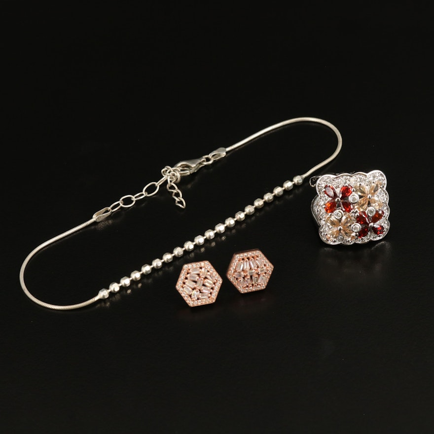 Sterling Ring, Anklet and Hexagonal Earrings