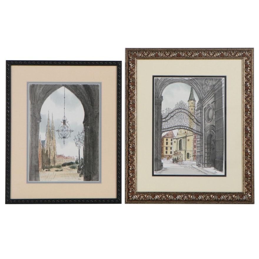 Hand-Colored Digital Prints of Paris and Vienna, Circa 2000