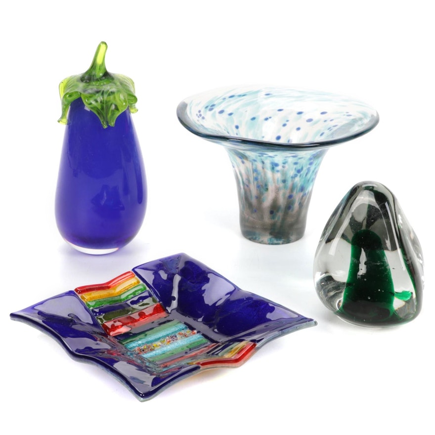 Blown Art Glass Paperweights, Vase and Plate