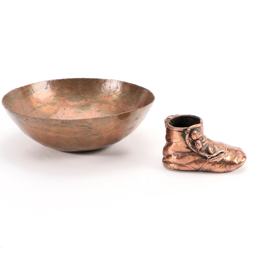 Copper Toned Baby Shoe Ornament and Hammered Copper Toned Metal Bowl