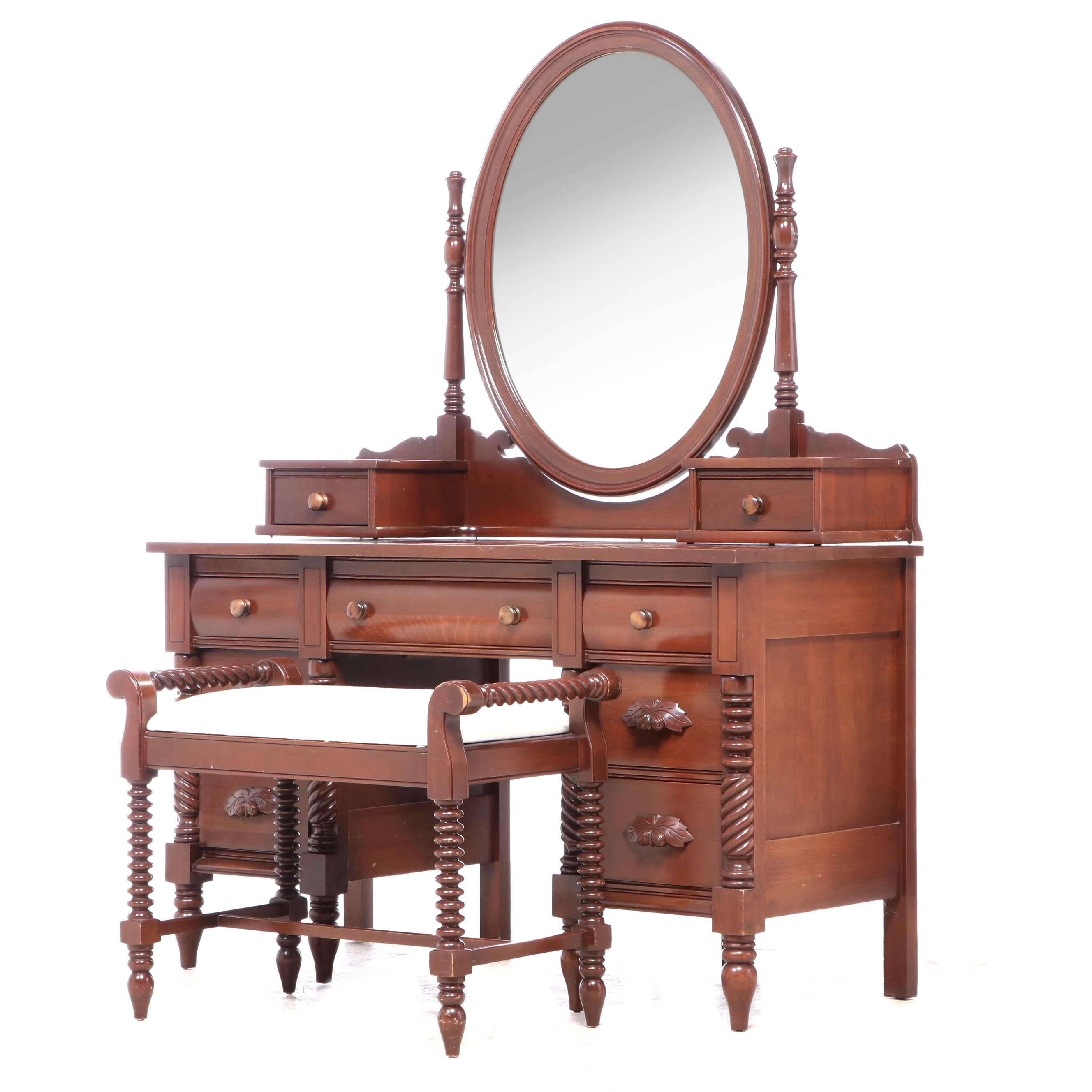 Victorian Style Cherry Vanity Table with Stool, Mid to Late 20th Century