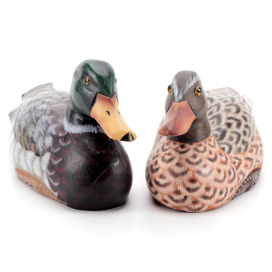 Hand-Painted Carved Wood Mallard and Gadwall Duck Figurines
