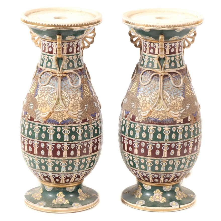 Pair of Japanese Satsuma Moriage Accented Earthenware Pedestals