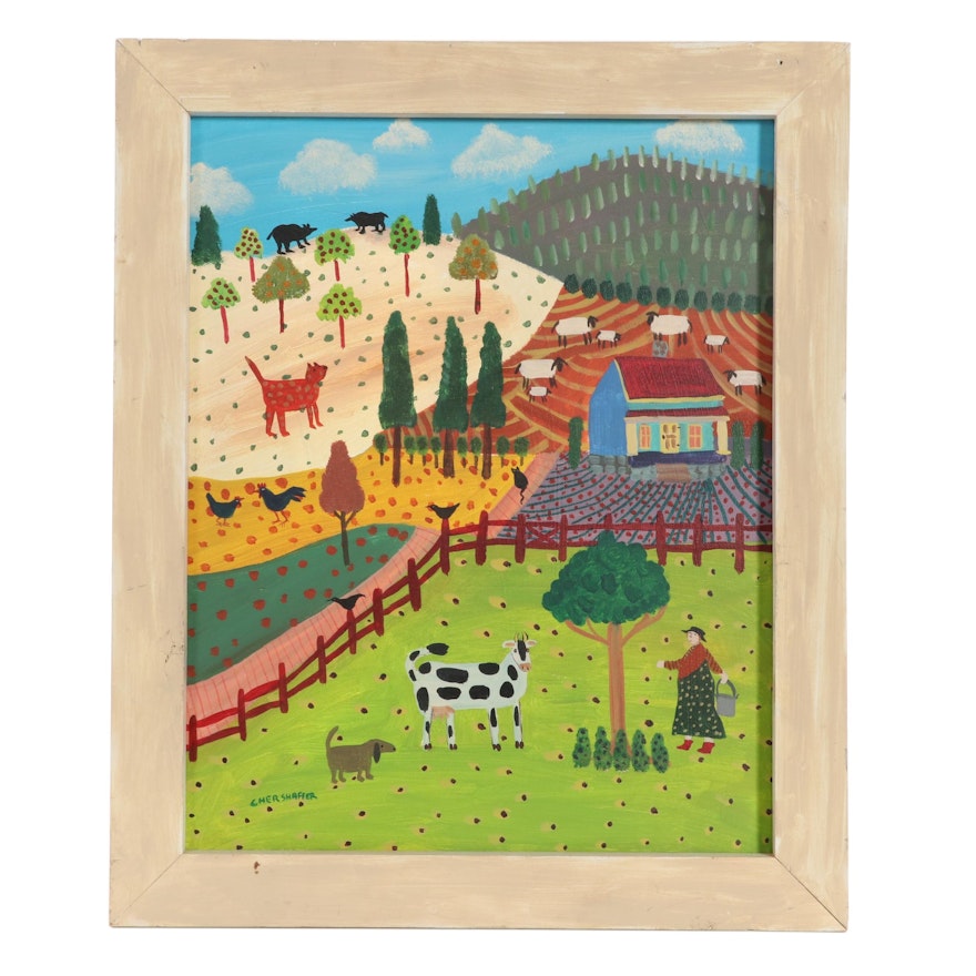 Cher Shaffer Folk Art Oil Painting "Berry Picking in the Cow Pasture," 2008