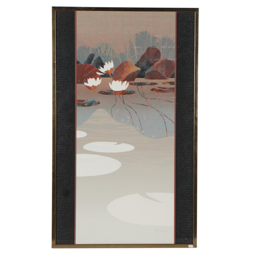 Ron Jones Embossed Serigraph of Lotus Flowers, Late 20th Century