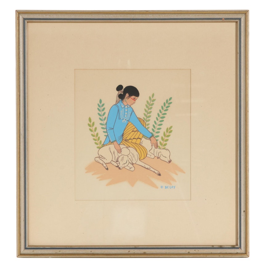 Serigraph After Harrison Begay of Navajo Girl With Sheep, Late 20th Century