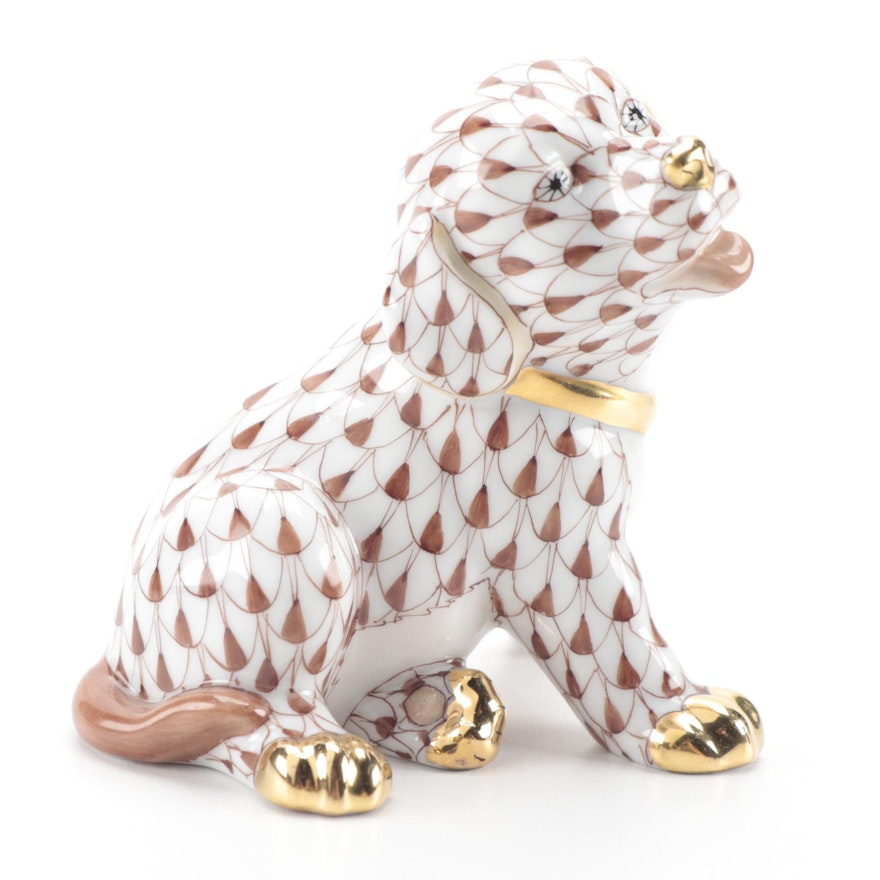 Herend Chocolate Fishnet with Gold "Puppy" Porcelain Figurine