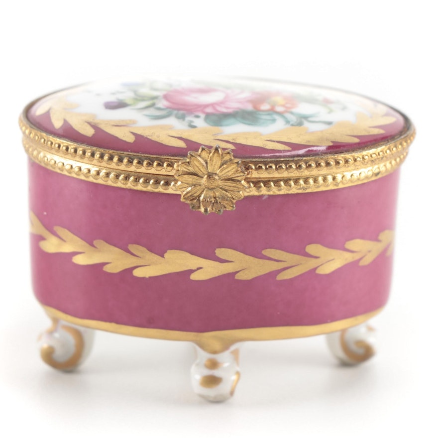 Limoges Rose Motif Porcelain Footed Box