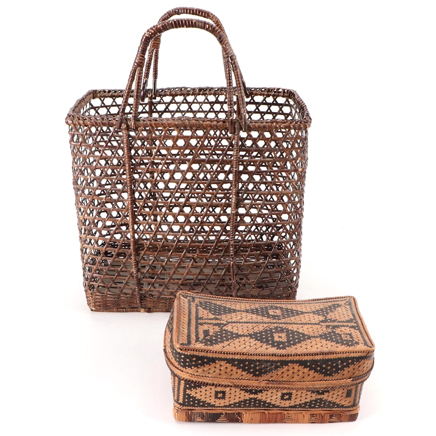 Southeast Asian Flat Woven Bamboo Lidded Basket with Open Weave Handled Basket