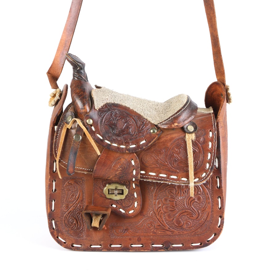 Western-Style Messenger Bag in Tooled Leather with Decorative Stitching