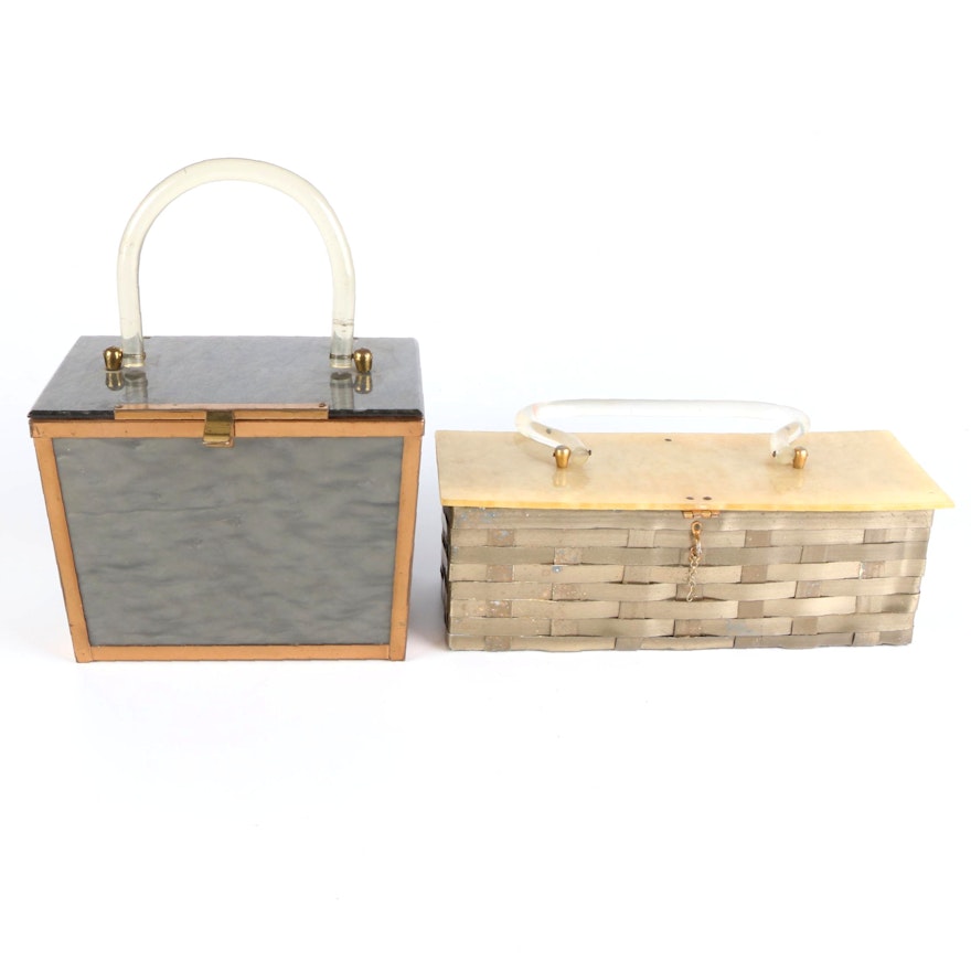 Garay Metal Woven Basket and Other Marbleized Acrylic Top Handle Purses