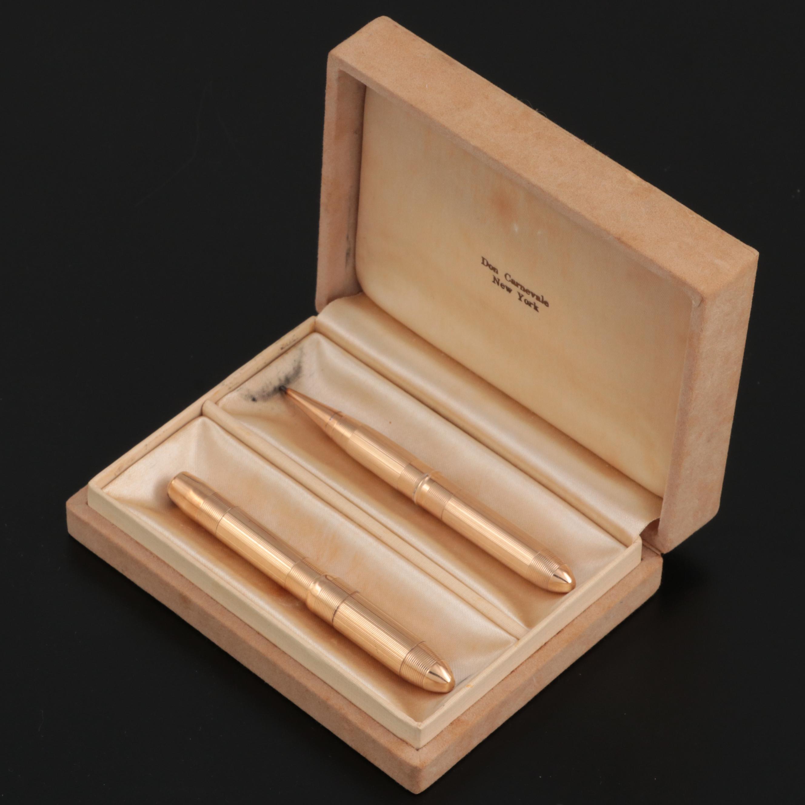 W. S. Hicks Art Deco 14K Gold Ladies Fountain Pen and Pencil Set with Box, 1930s