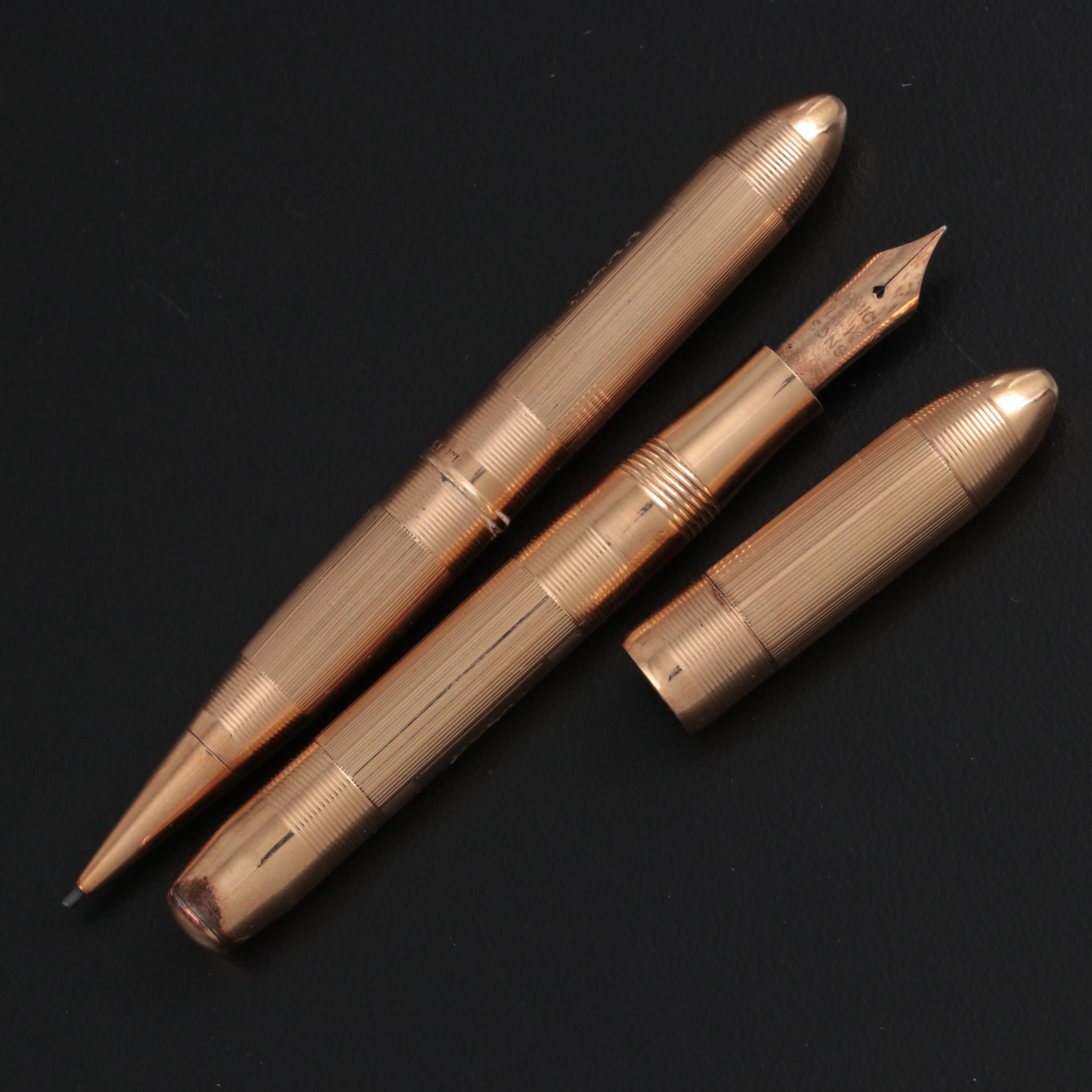 W. S. Hicks Art Deco 14K Gold Ladies Fountain Pen and Pencil Set with Box, 1930s