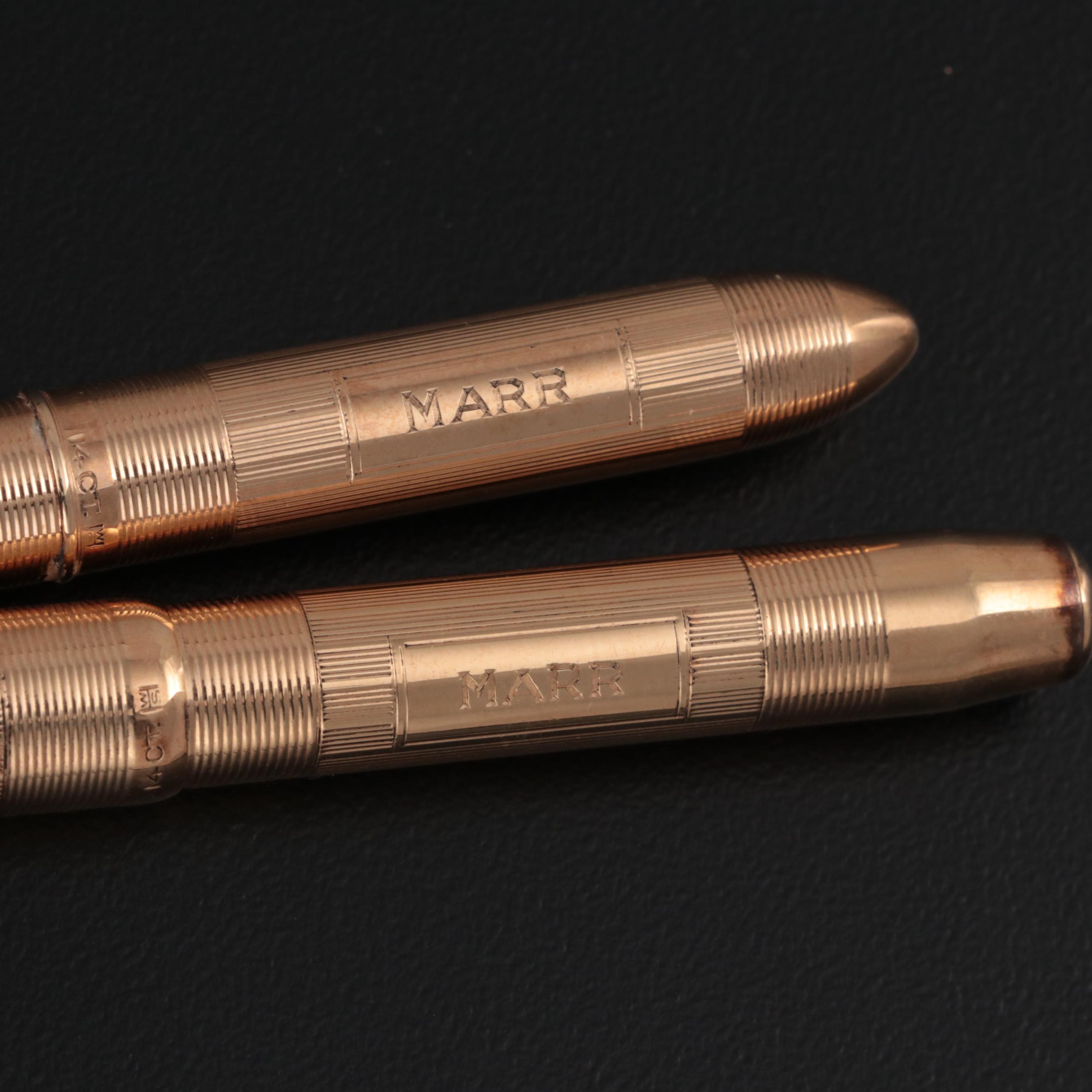 W. S. Hicks Art Deco 14K Gold Ladies Fountain Pen and Pencil Set with Box, 1930s