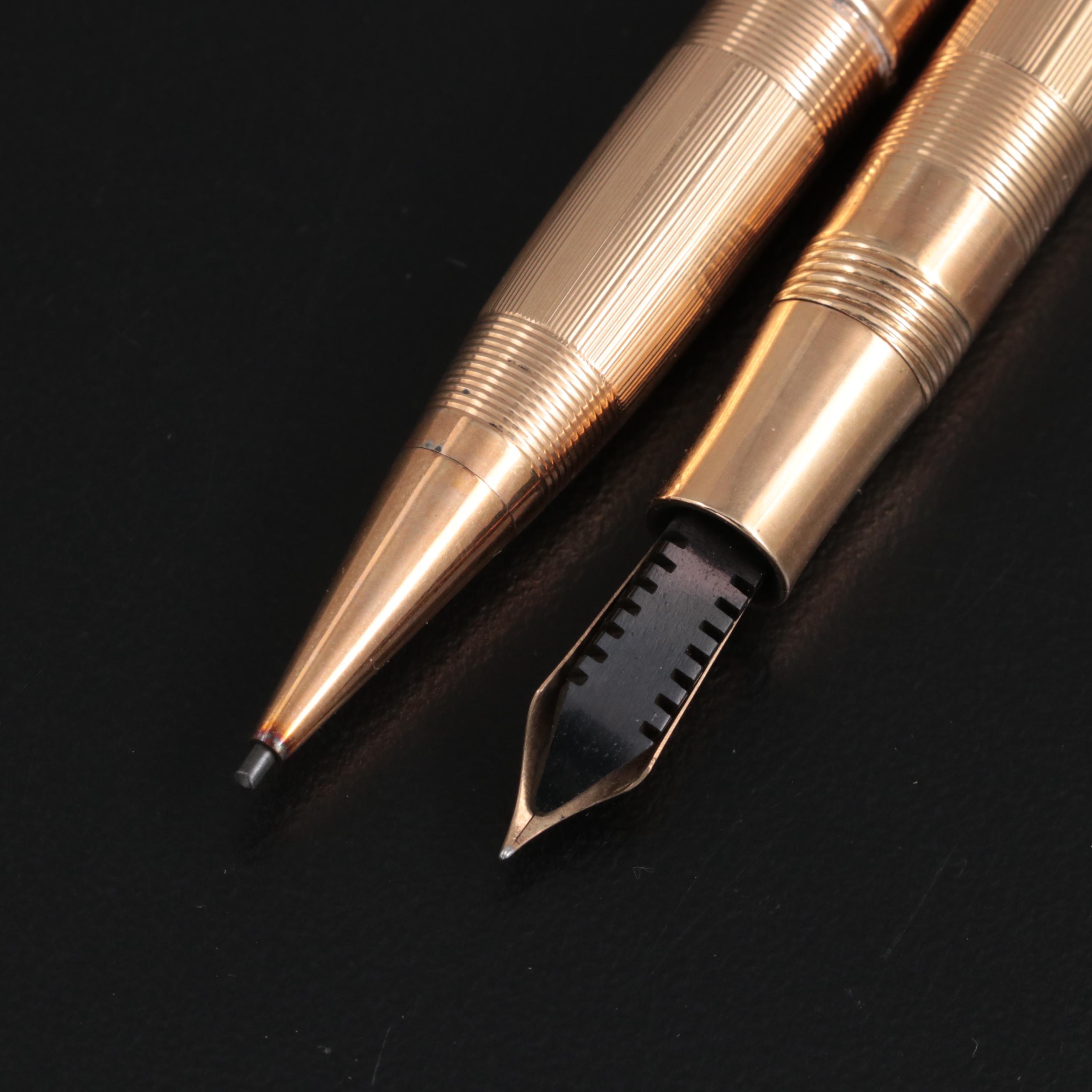 W. S. Hicks Art Deco 14K Gold Ladies Fountain Pen and Pencil Set with Box, 1930s