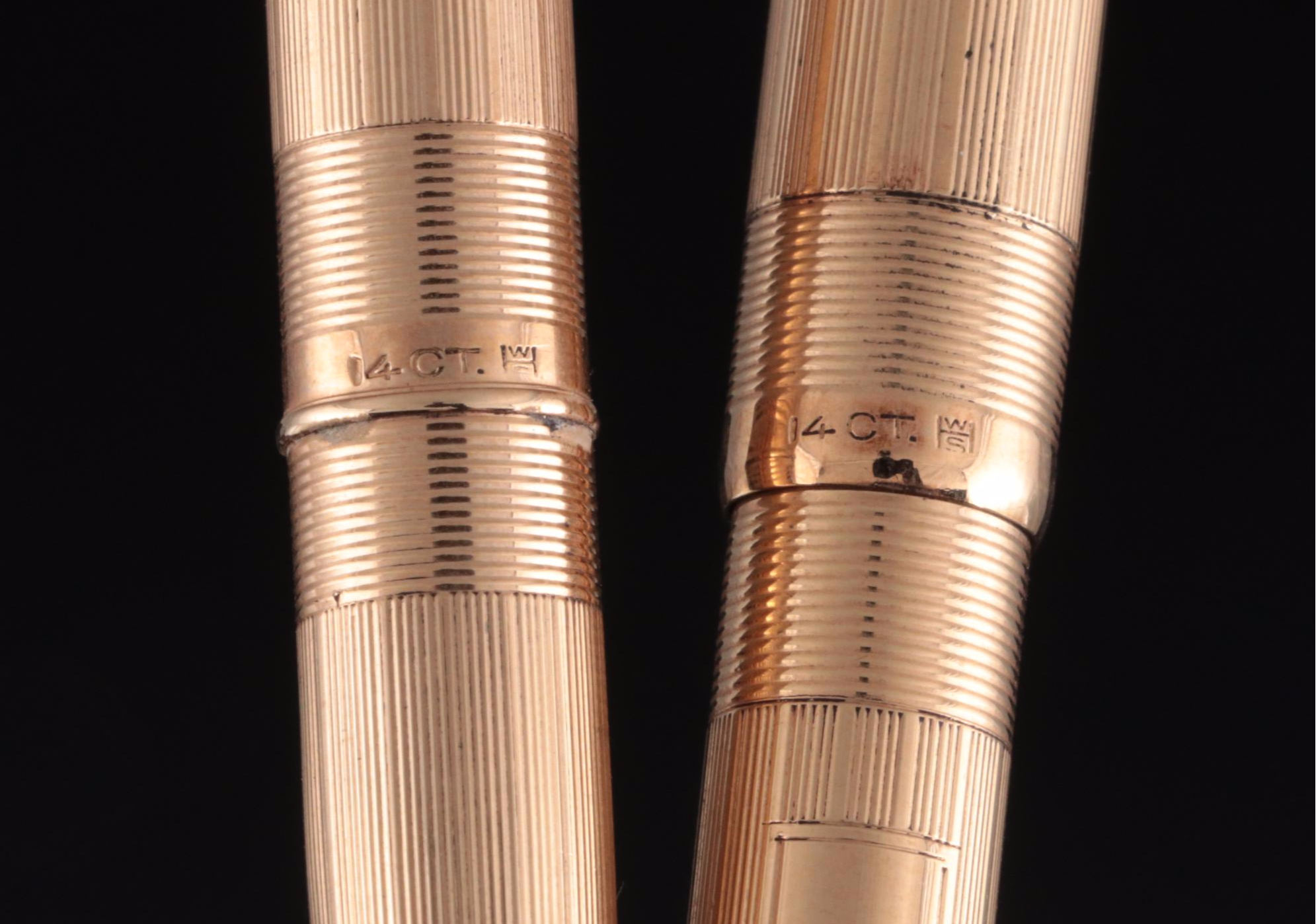 W. S. Hicks Art Deco 14K Gold Ladies Fountain Pen and Pencil Set with Box, 1930s